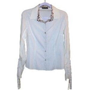 Roberto Cavalli Vintage 2005 Blouse Top Button Up Animal Print Trim IT 44 (US 8)
